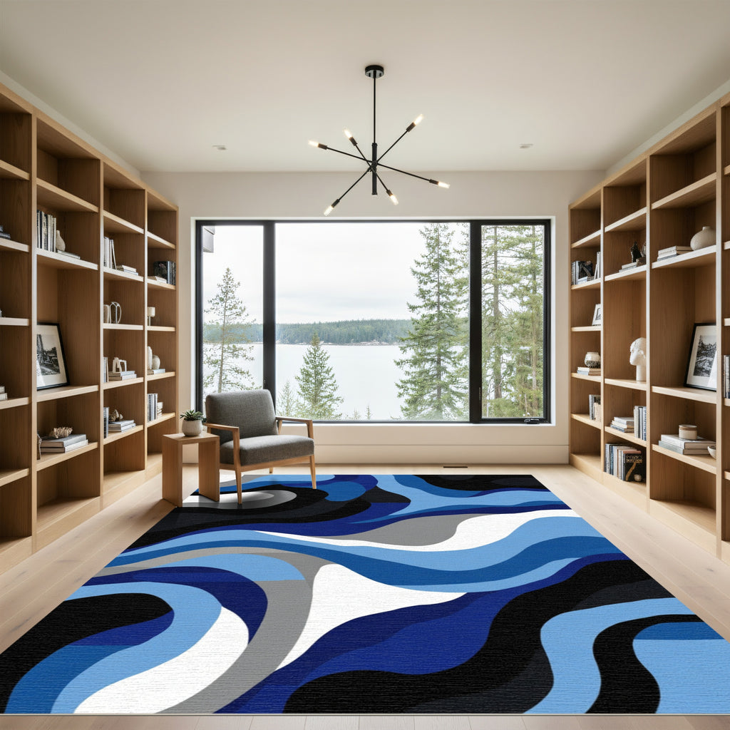 Flowing Waveforms Blues Abstract Rug