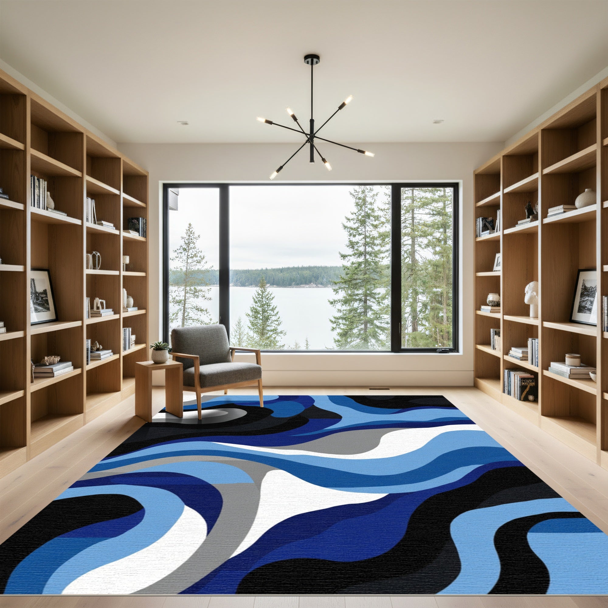 Flowing Waveforms Blues Abstract Rug