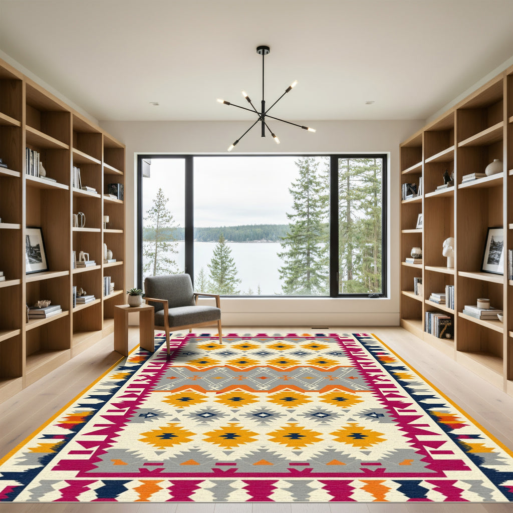 Cream Orange Gray Geometric Diamond Rug