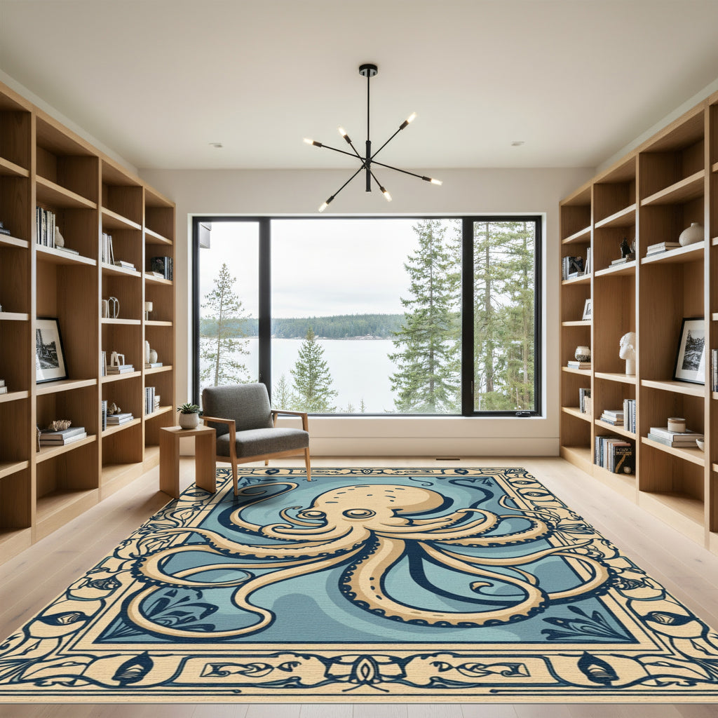 Ornate Beige Octopus Blue Ocean Rug
