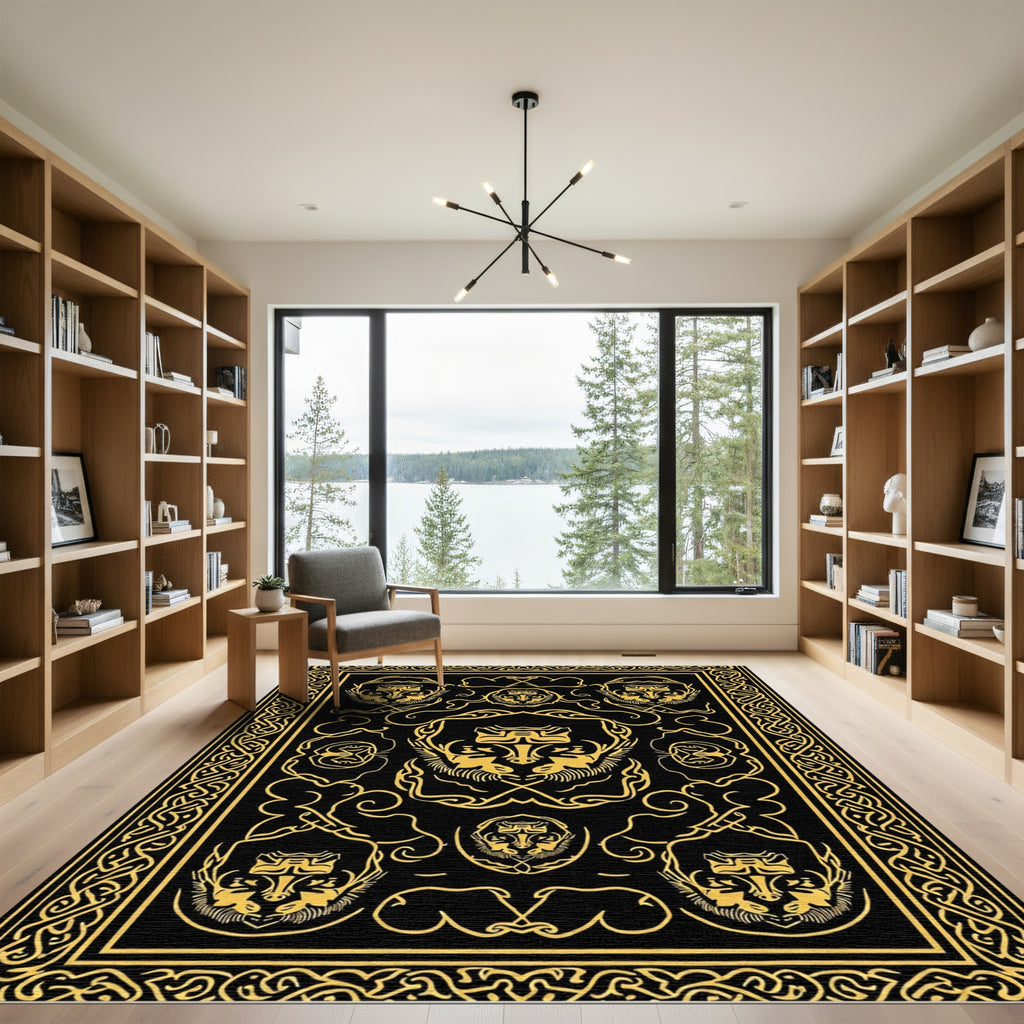 Black Gold Lion Head Heraldic Border Rug