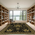 Black Gold Lion Head Heraldic Border Rug