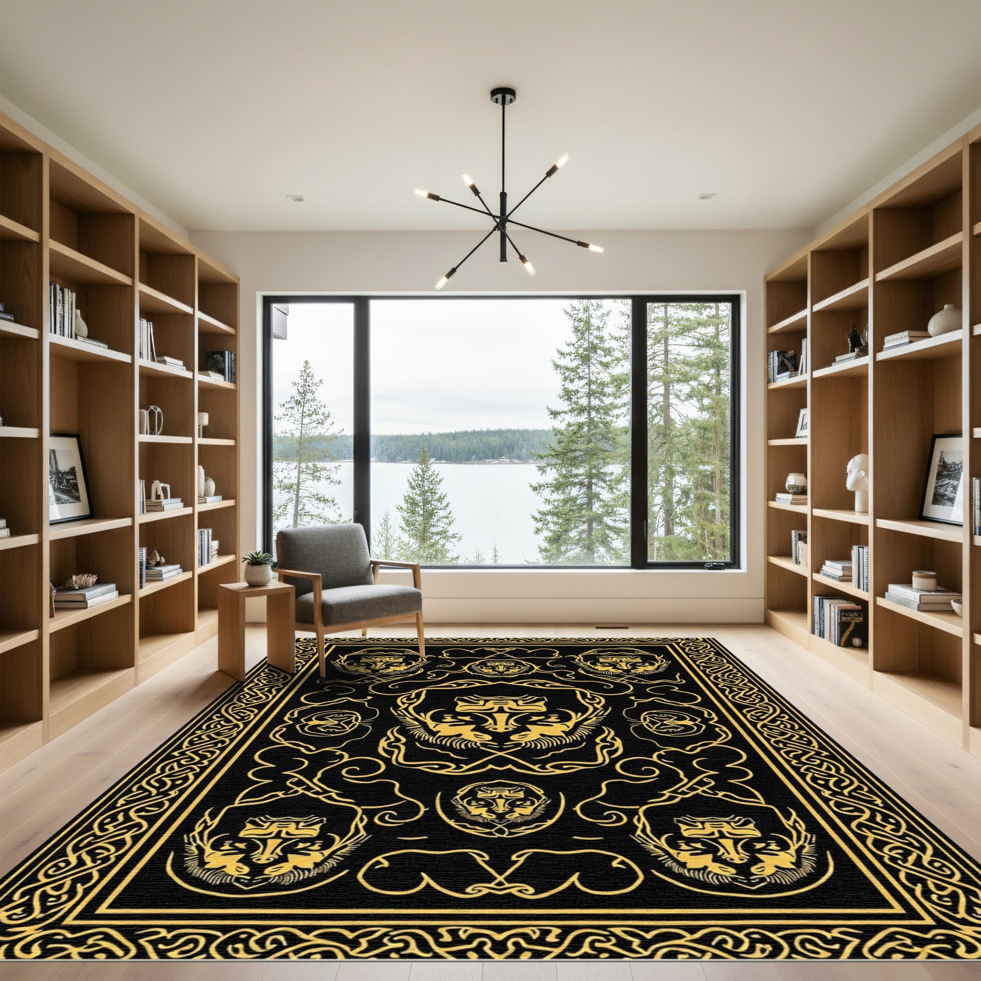 Black Gold Lion Head Heraldic Border Rug