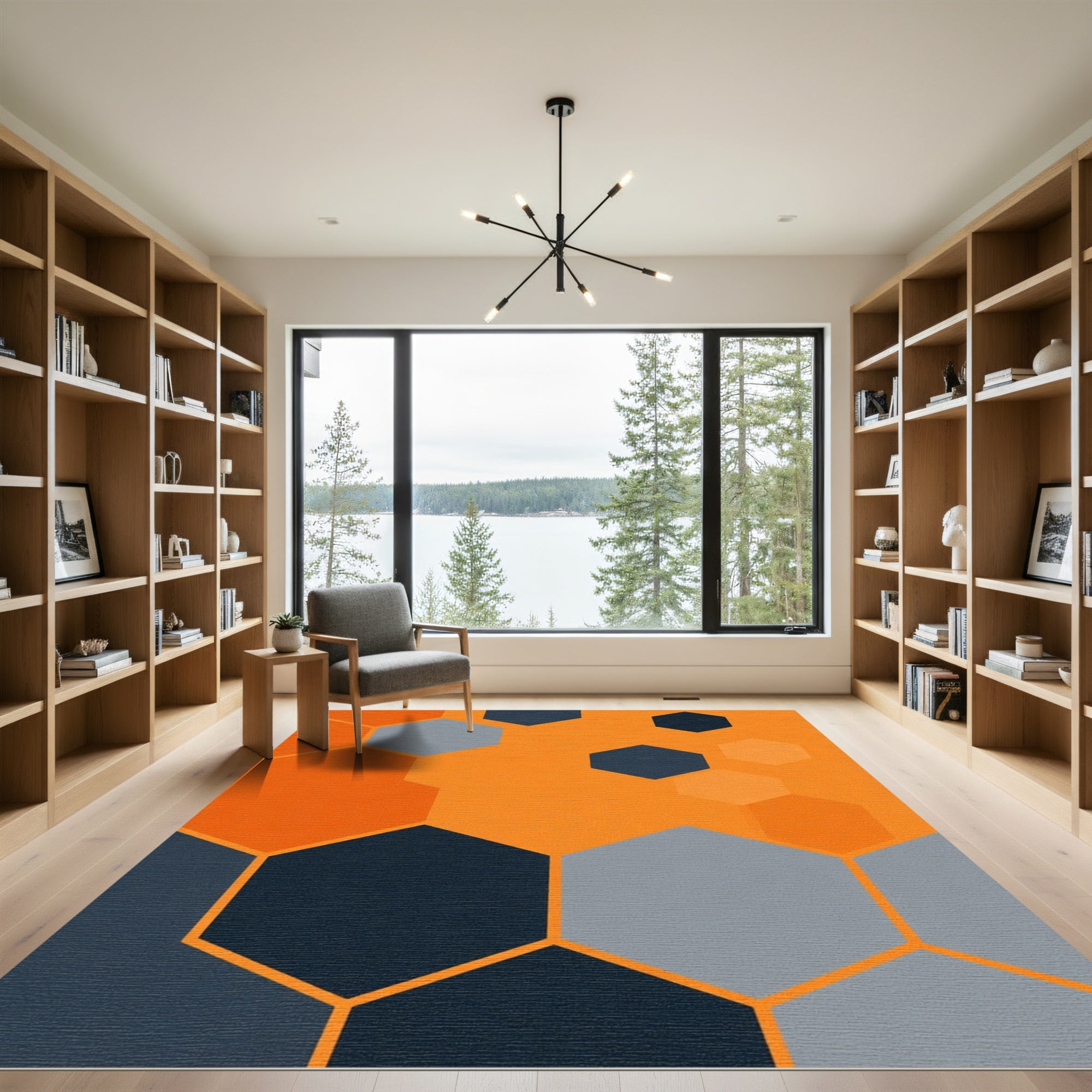 Bold Orange Gray Hexagonal Grid Rug