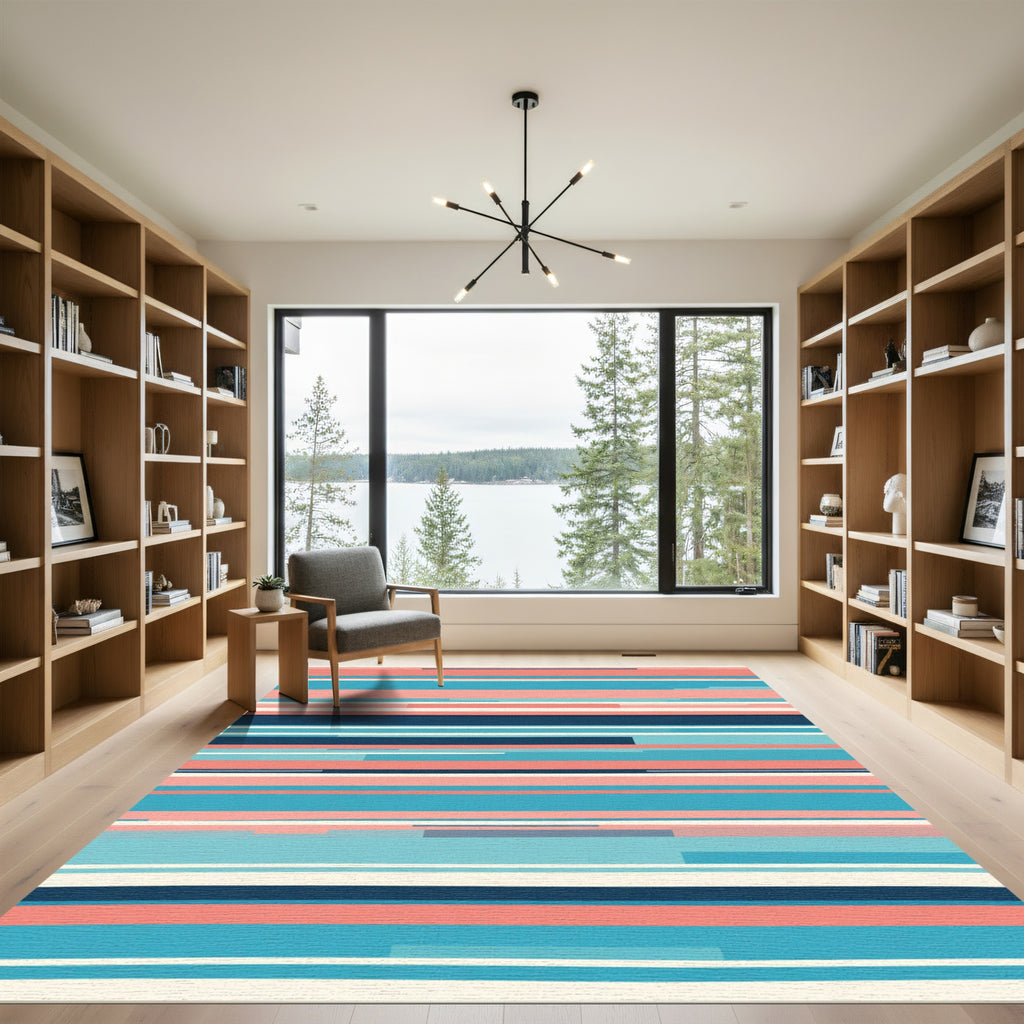 Coral Navy Blue Abstract Stripe Rug
