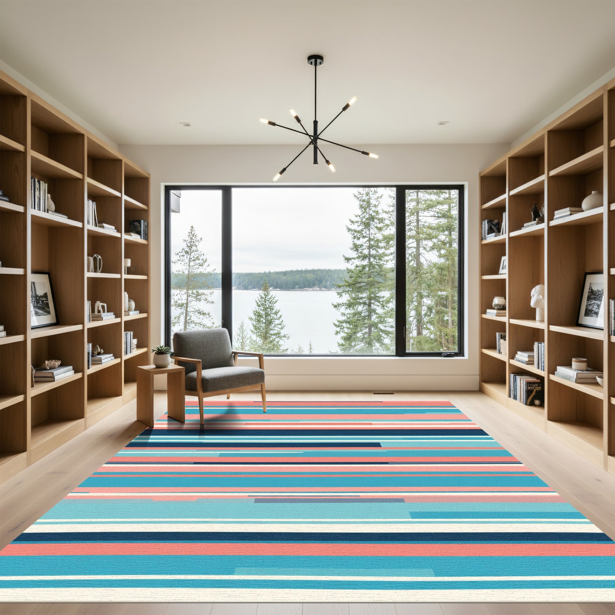 Coral Navy Blue Abstract Stripe Rug