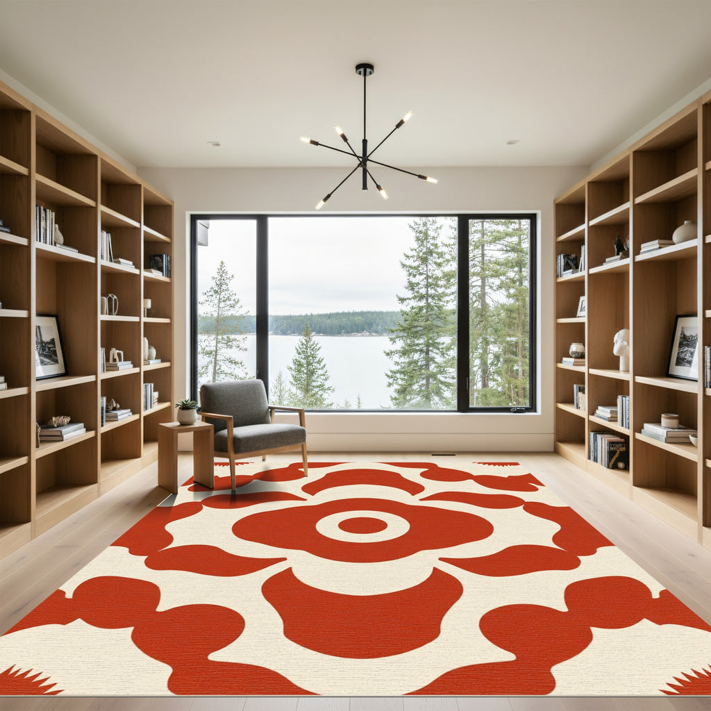 Bold Red Floral Concentric Circles Rug