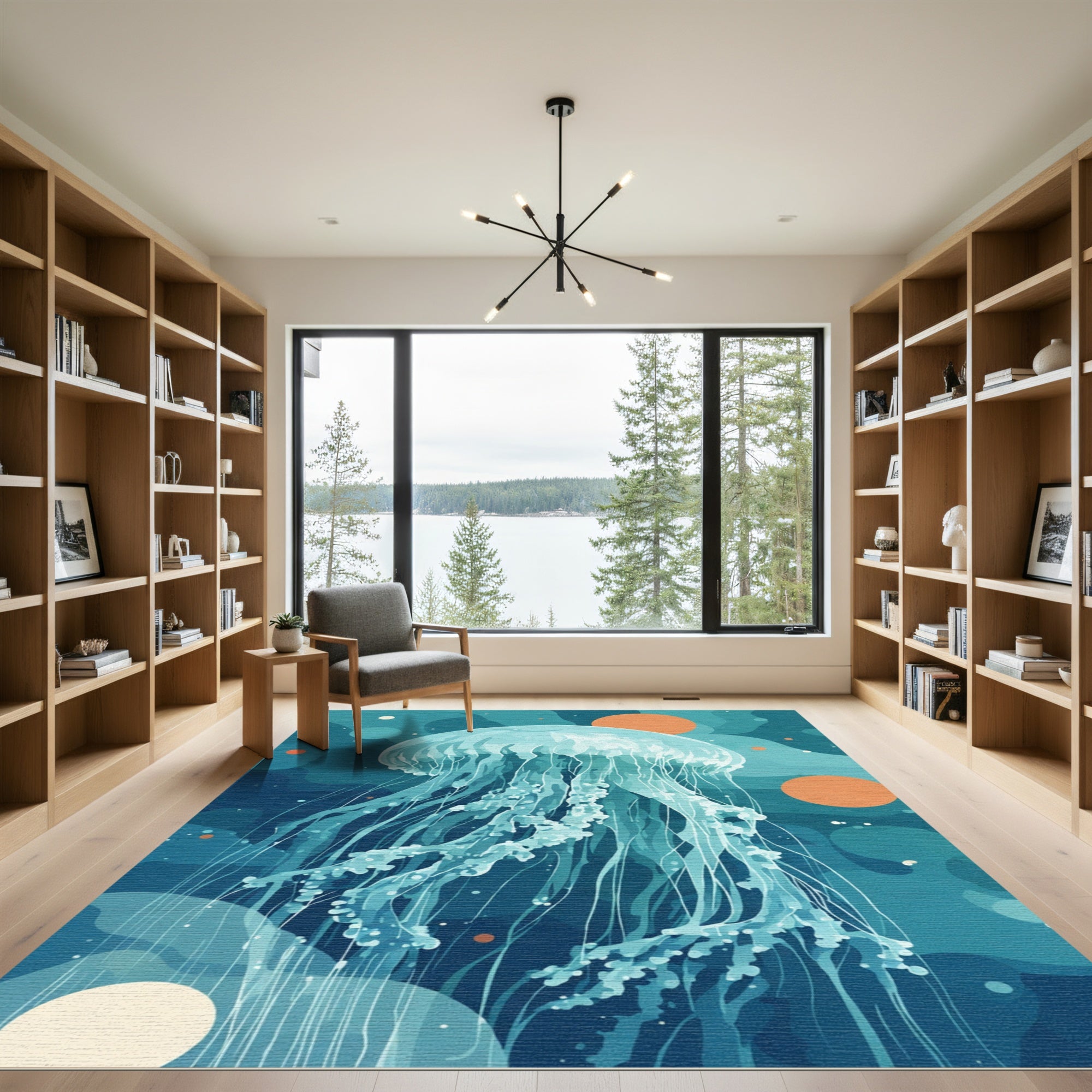 Aqua Jellyfish with Orange Orbs Rug