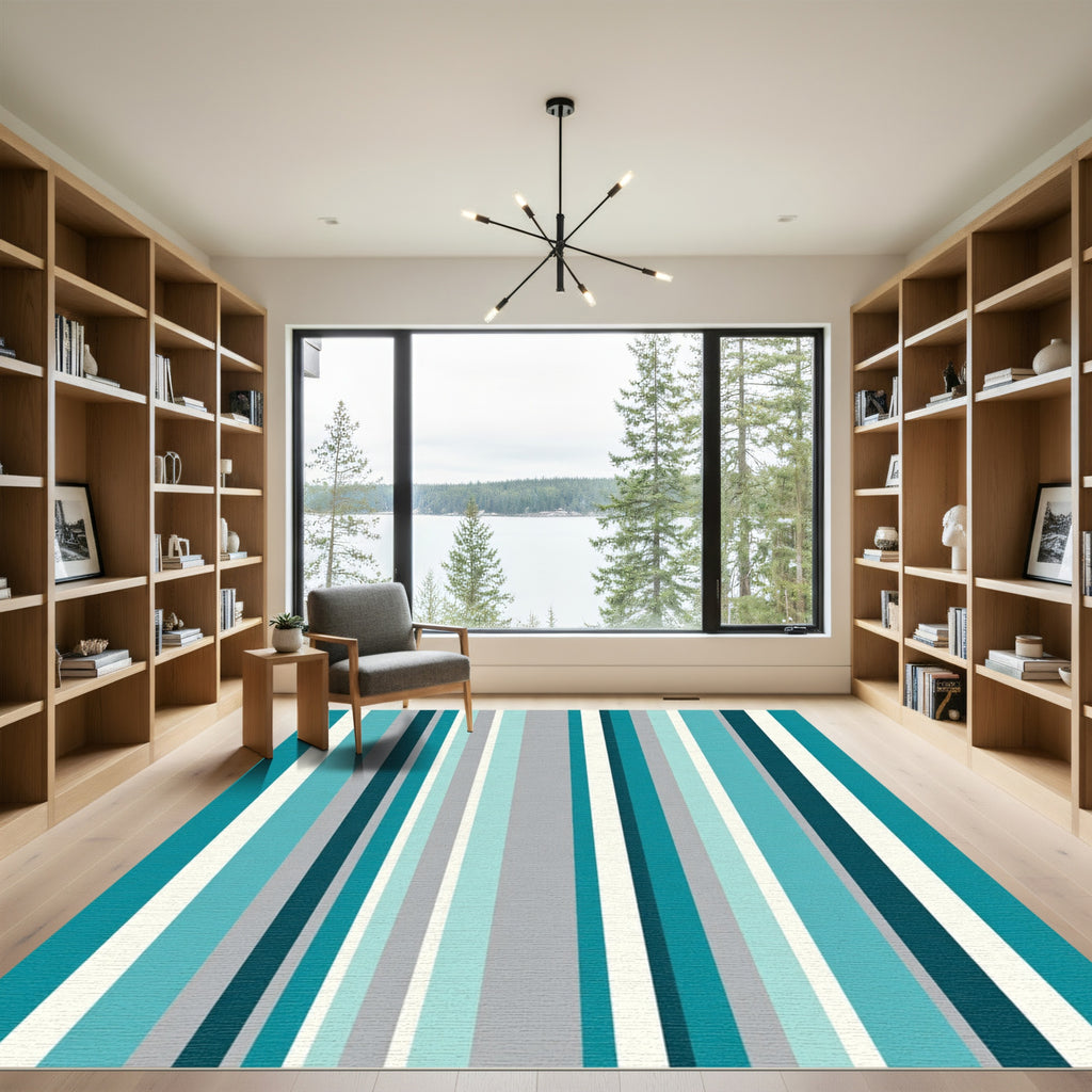 Teal Gray Cream Vertical Stripe Rug