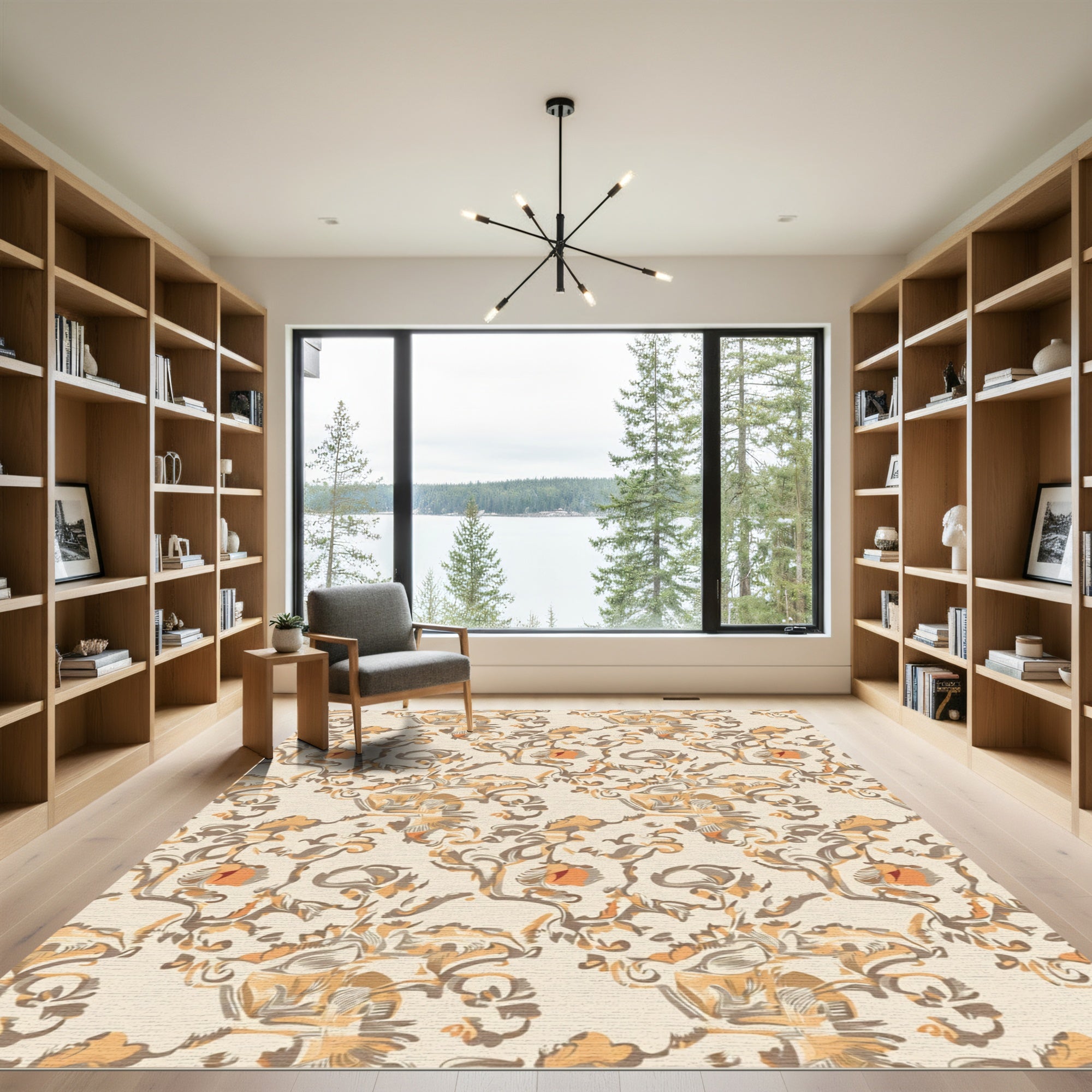 Earthy Peach Blossom Scrollwork Rug