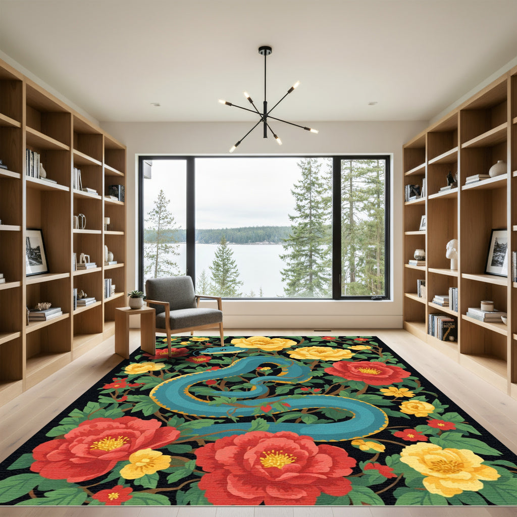 Blue Serpent Among Red Yellow Blooms Rug