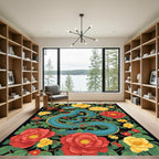 Blue Serpent Among Red Yellow Blooms Rug