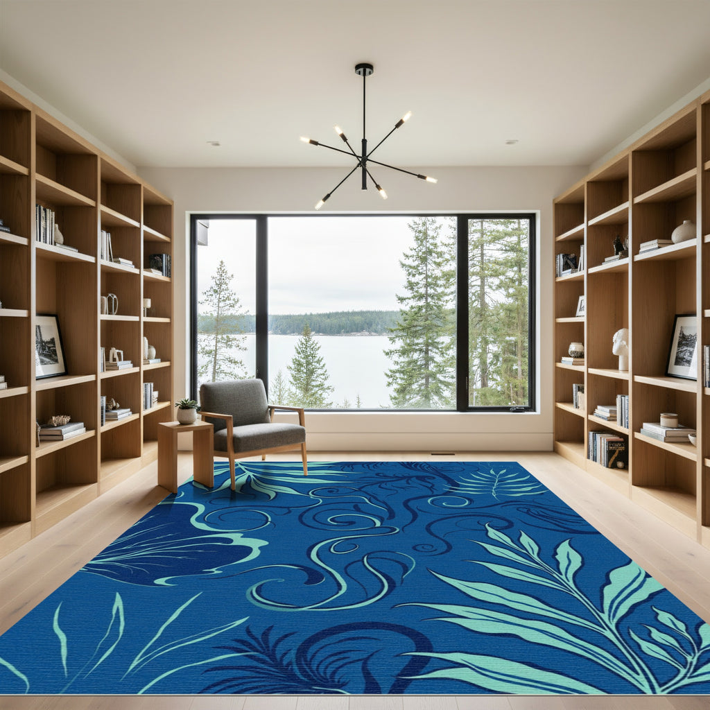 Deep Blue Tropical Swirl Foliage Rug