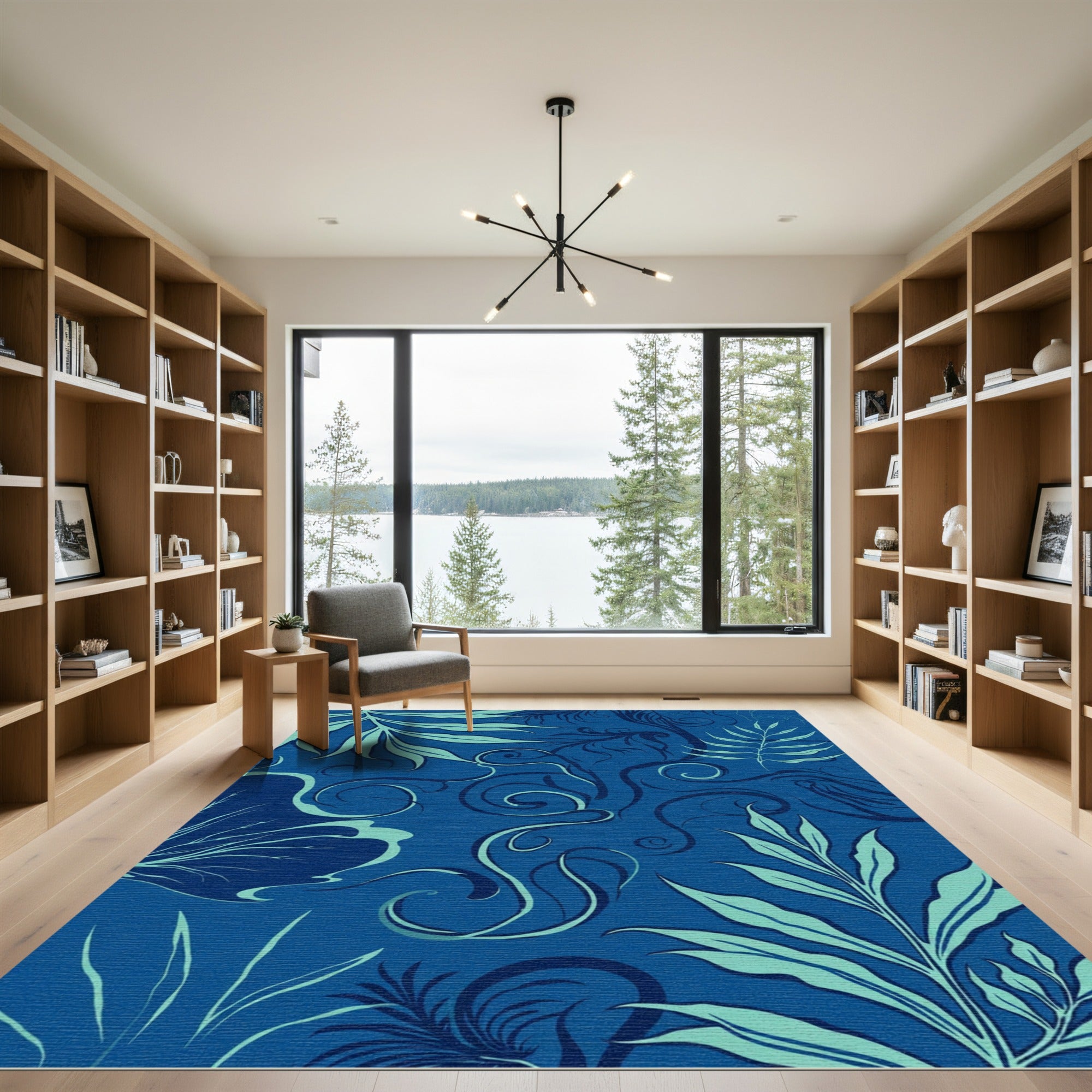 Deep Blue Tropical Swirl Foliage Rug