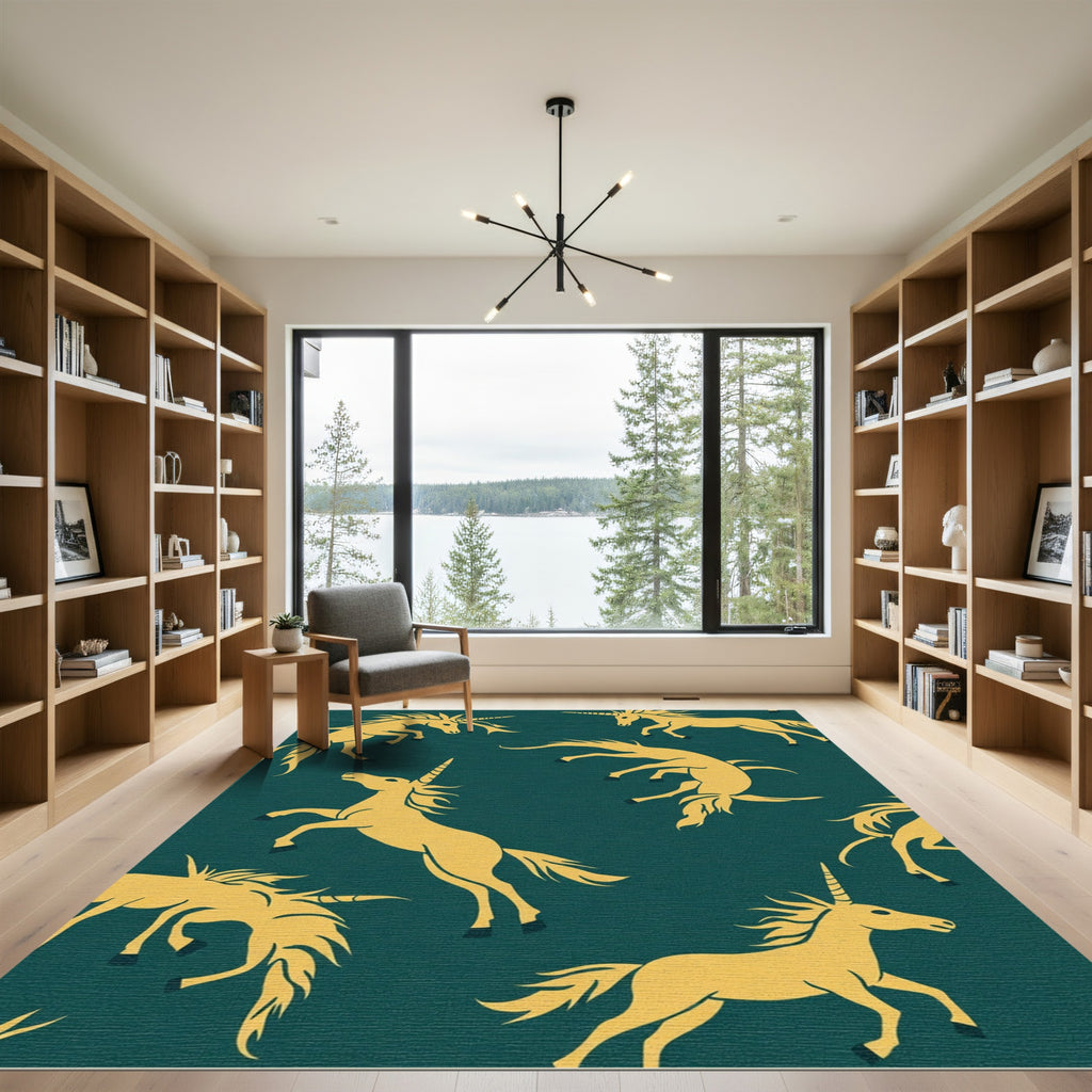 Golden Unicorns Teal All-Over Rug