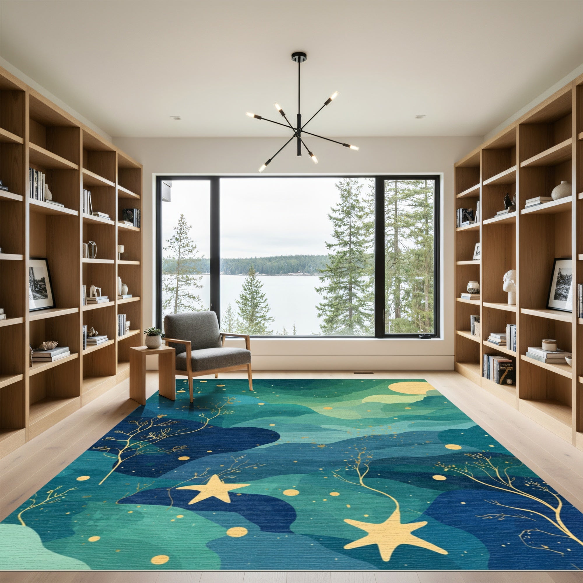 Deep Teal Starry Night Sky Rug