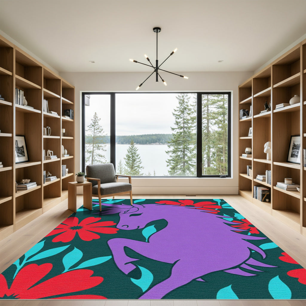 Purple Unicorn Red Floral Swirl Rug
