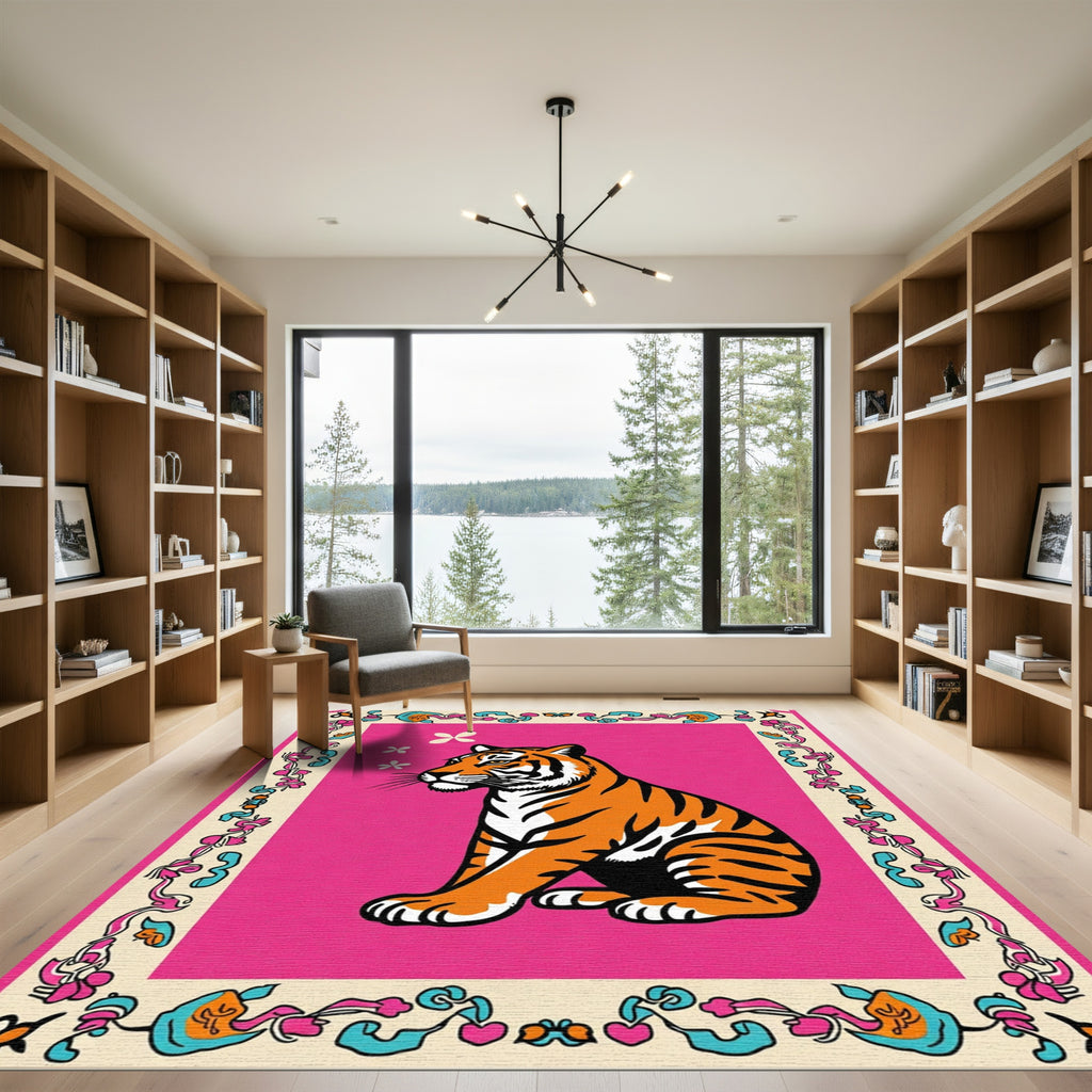 Vibrant Pink Feline Floral Frame Rug