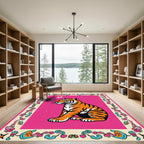 Vibrant Pink Feline Floral Frame Rug