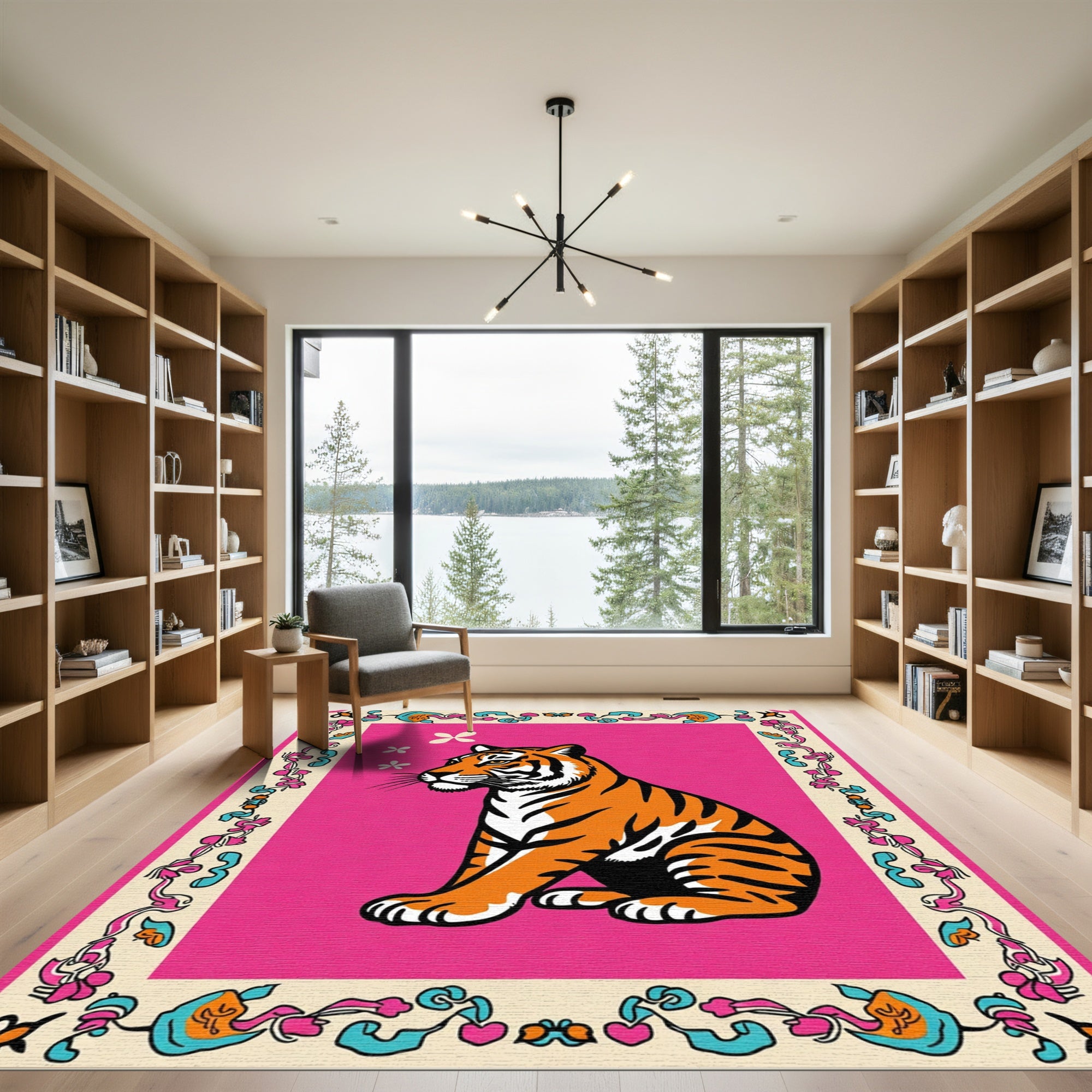 Vibrant Pink Feline Floral Frame Rug
