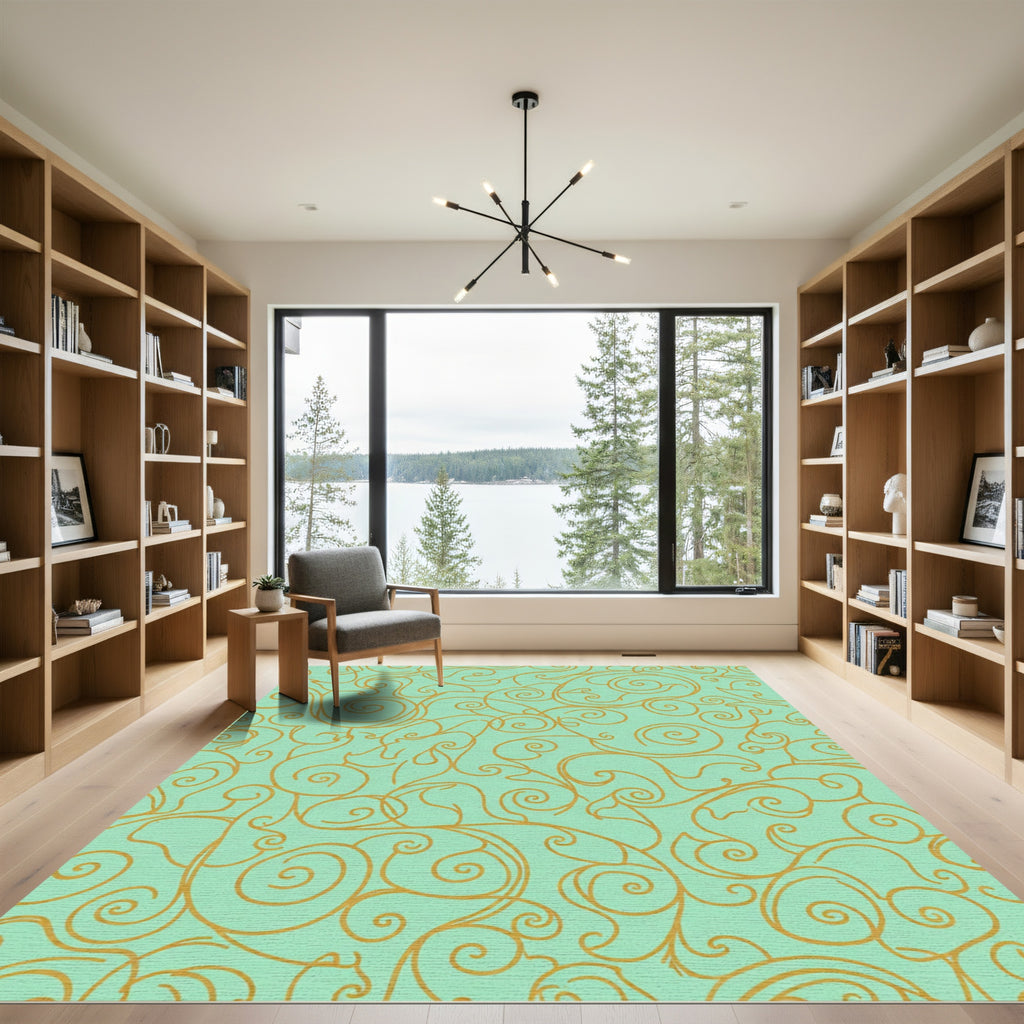 Golden Swirls on Aqua Background Rug