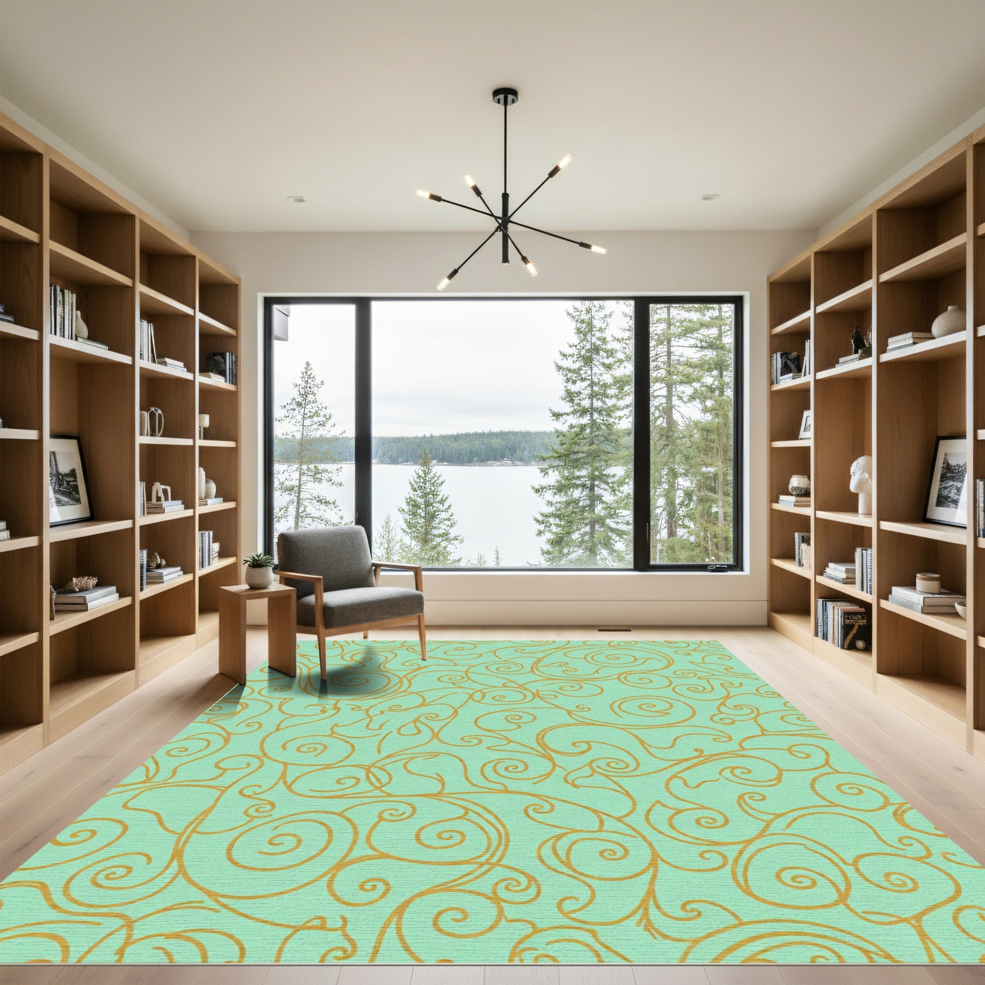 Golden Swirls on Aqua Background Rug