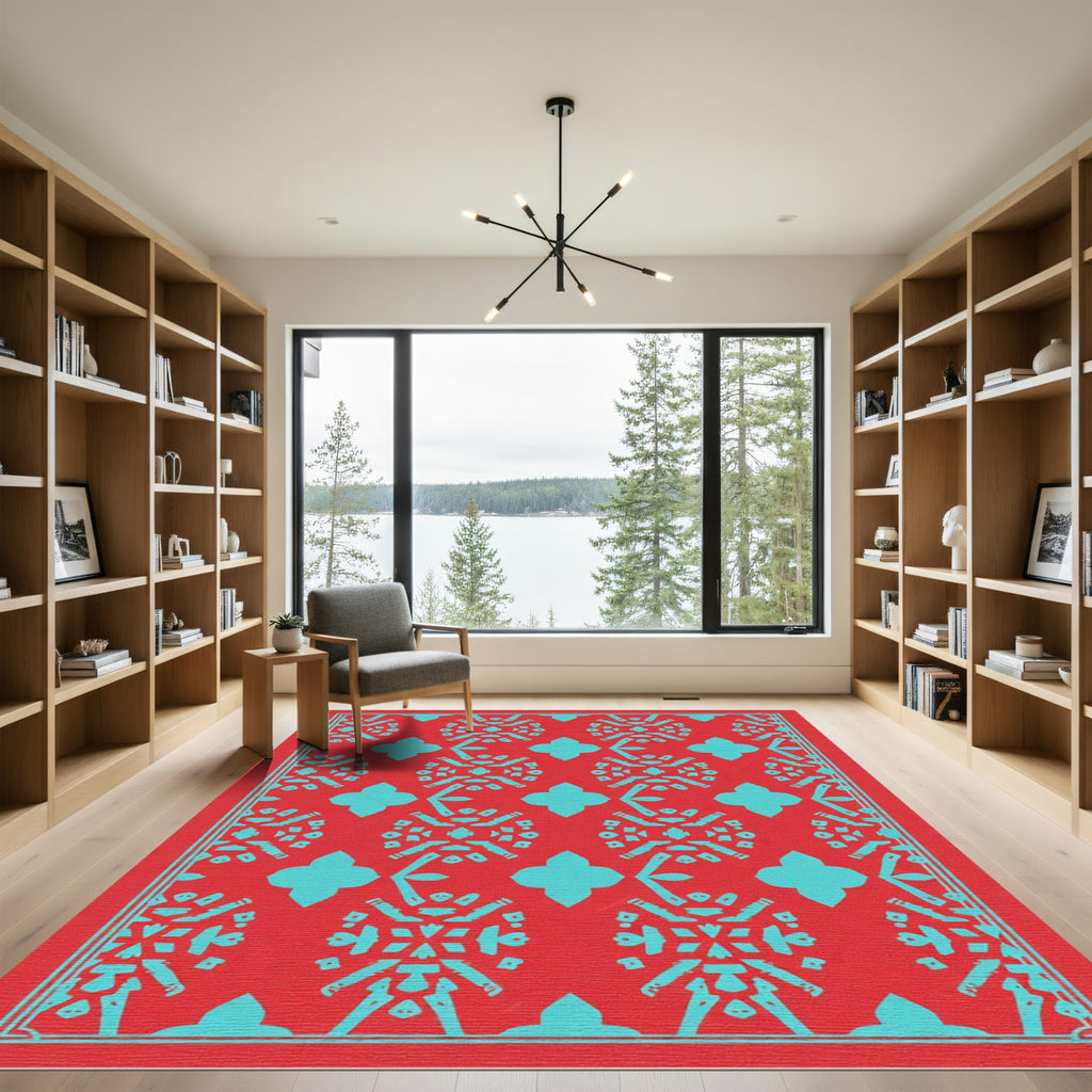 Coral Turquoise Geometric Medallion Rug