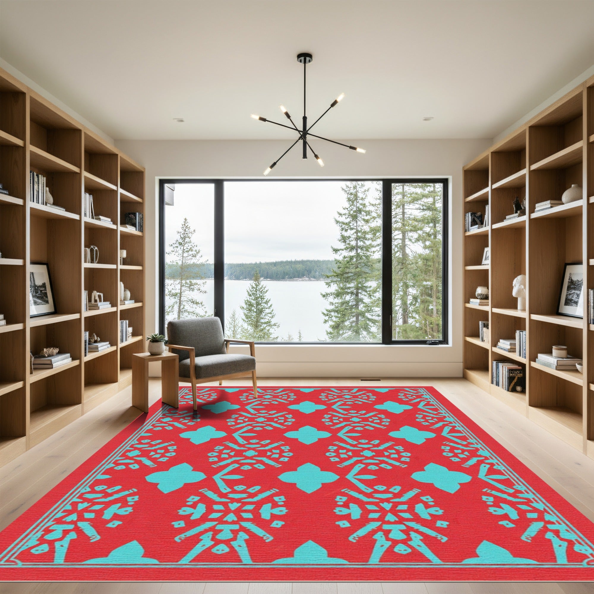 Coral Turquoise Geometric Medallion Rug