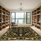Black Gold Green Floral Vine Scroll Rug