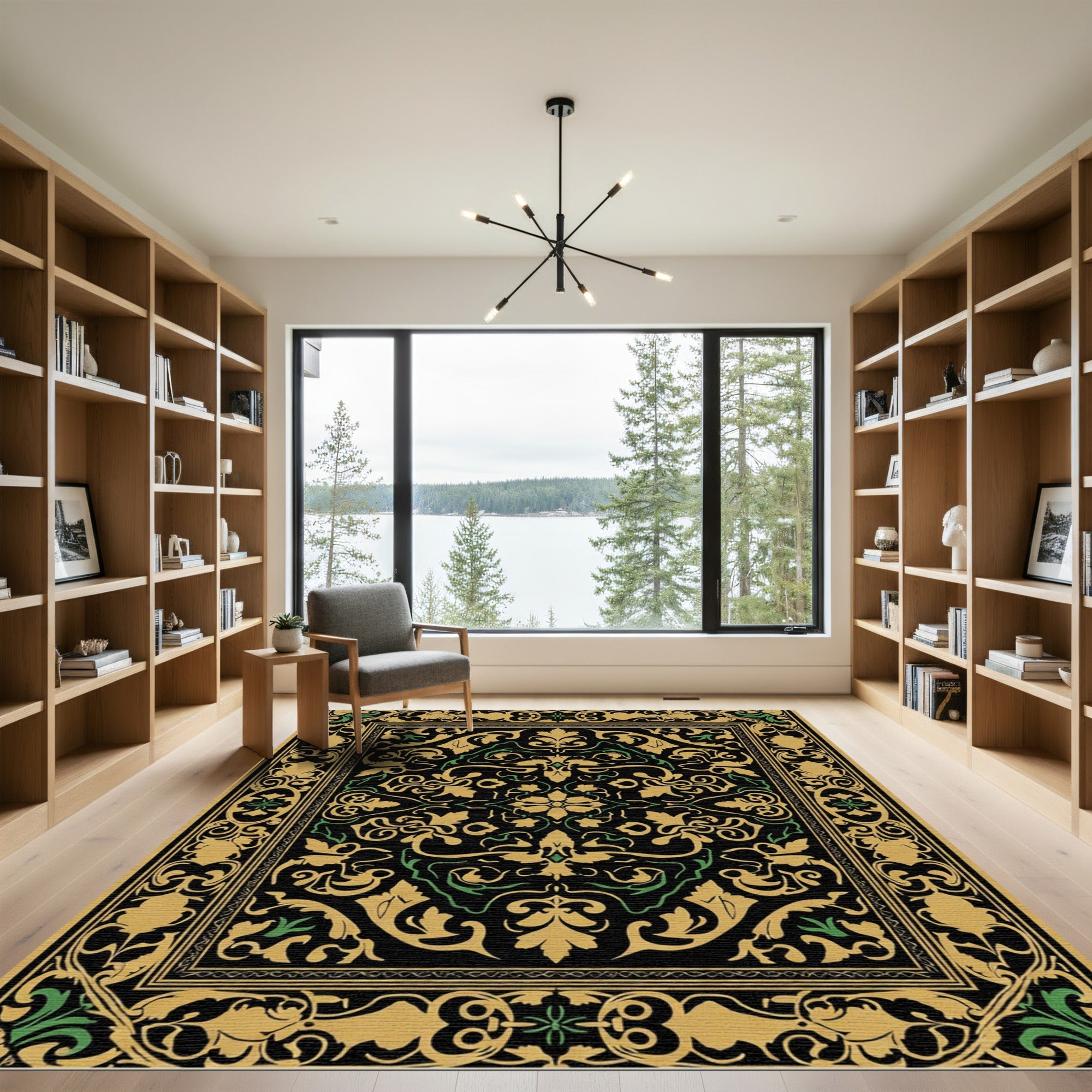 Black Gold Green Floral Vine Scroll Rug