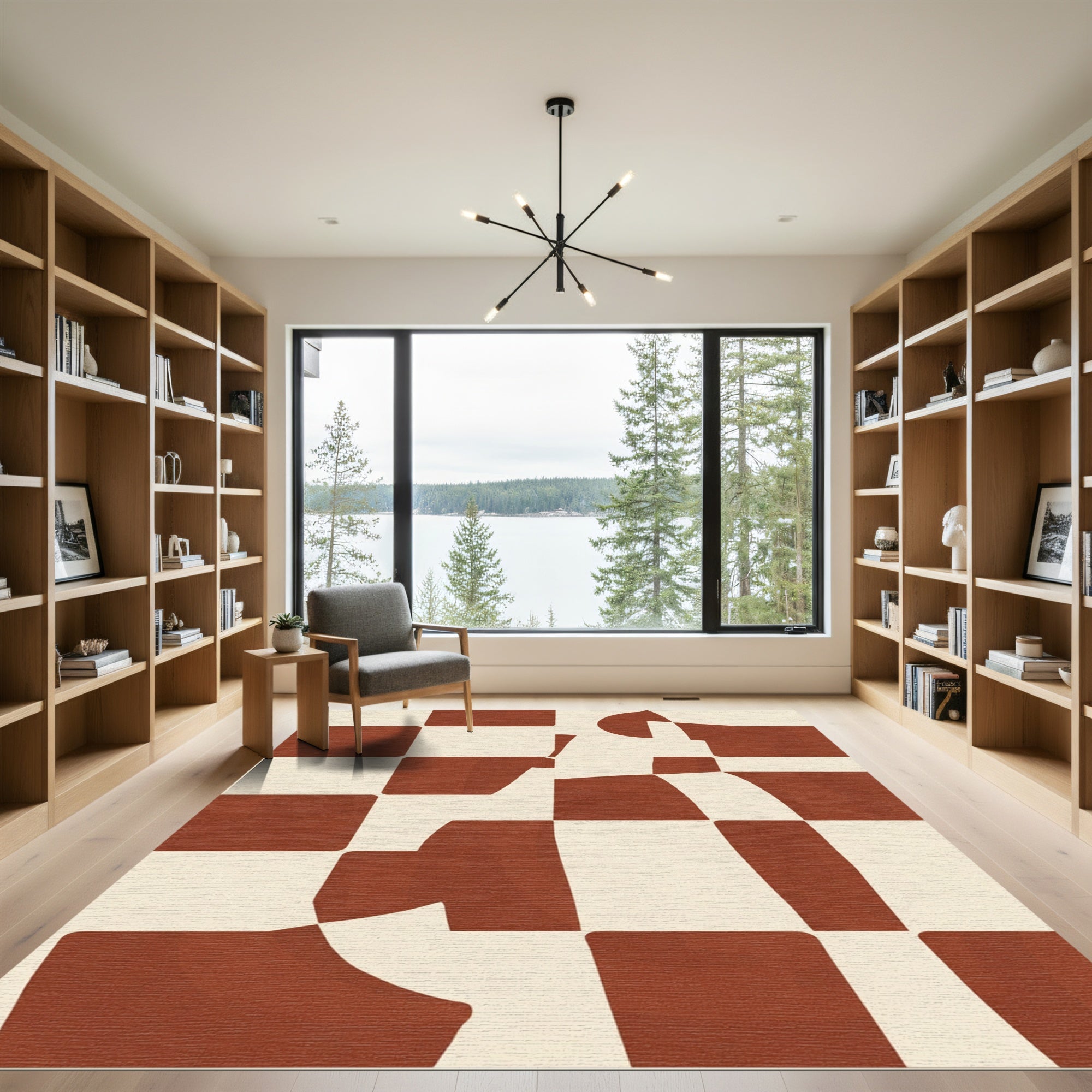 Terracotta And Cream Checkerboard Abstract Rug