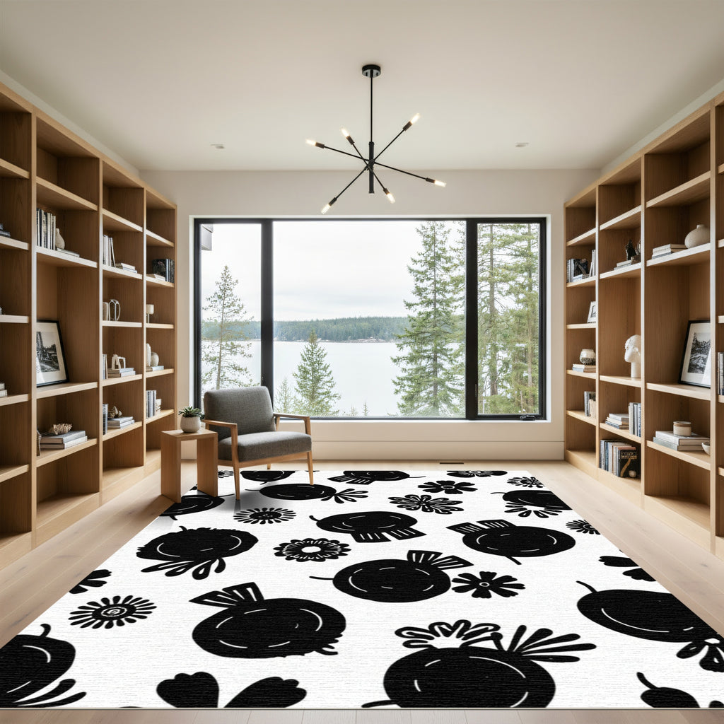 Black And White Floral And Fruit Garden Rug
