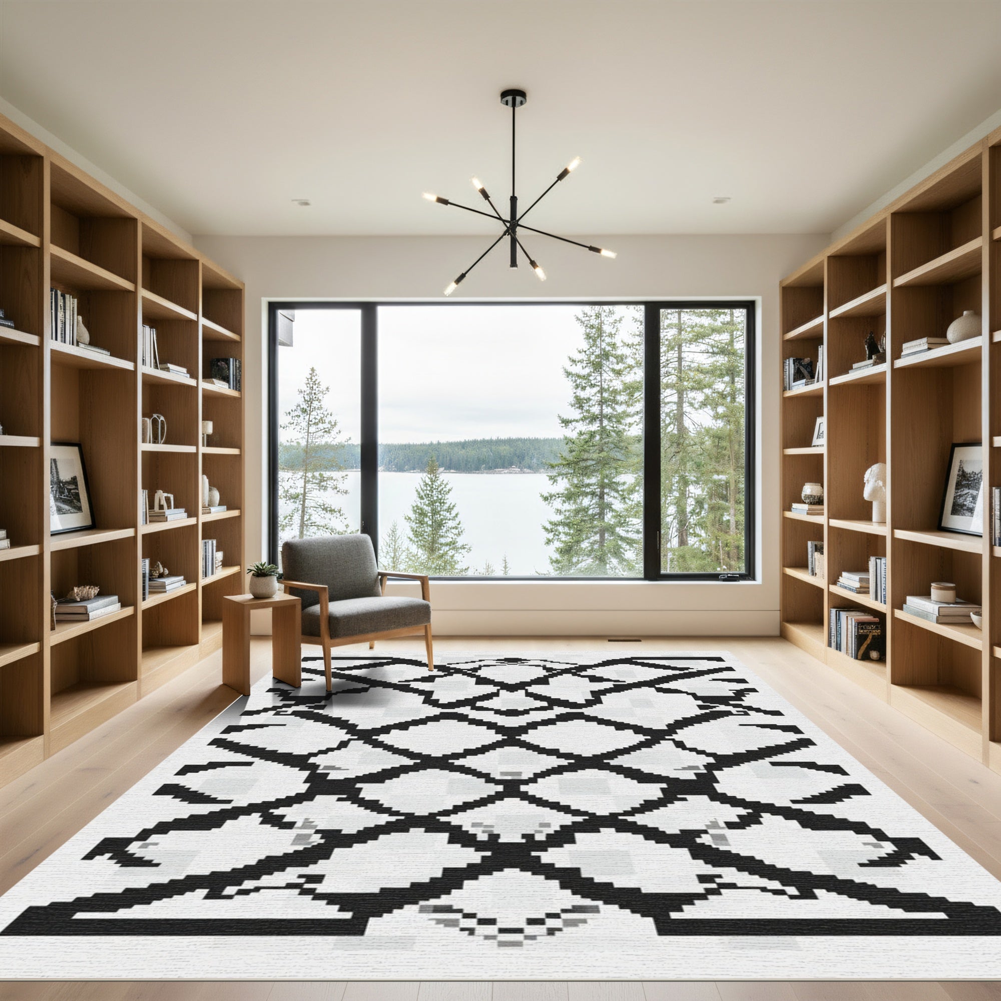 Black White Interlocking Geometric Rug