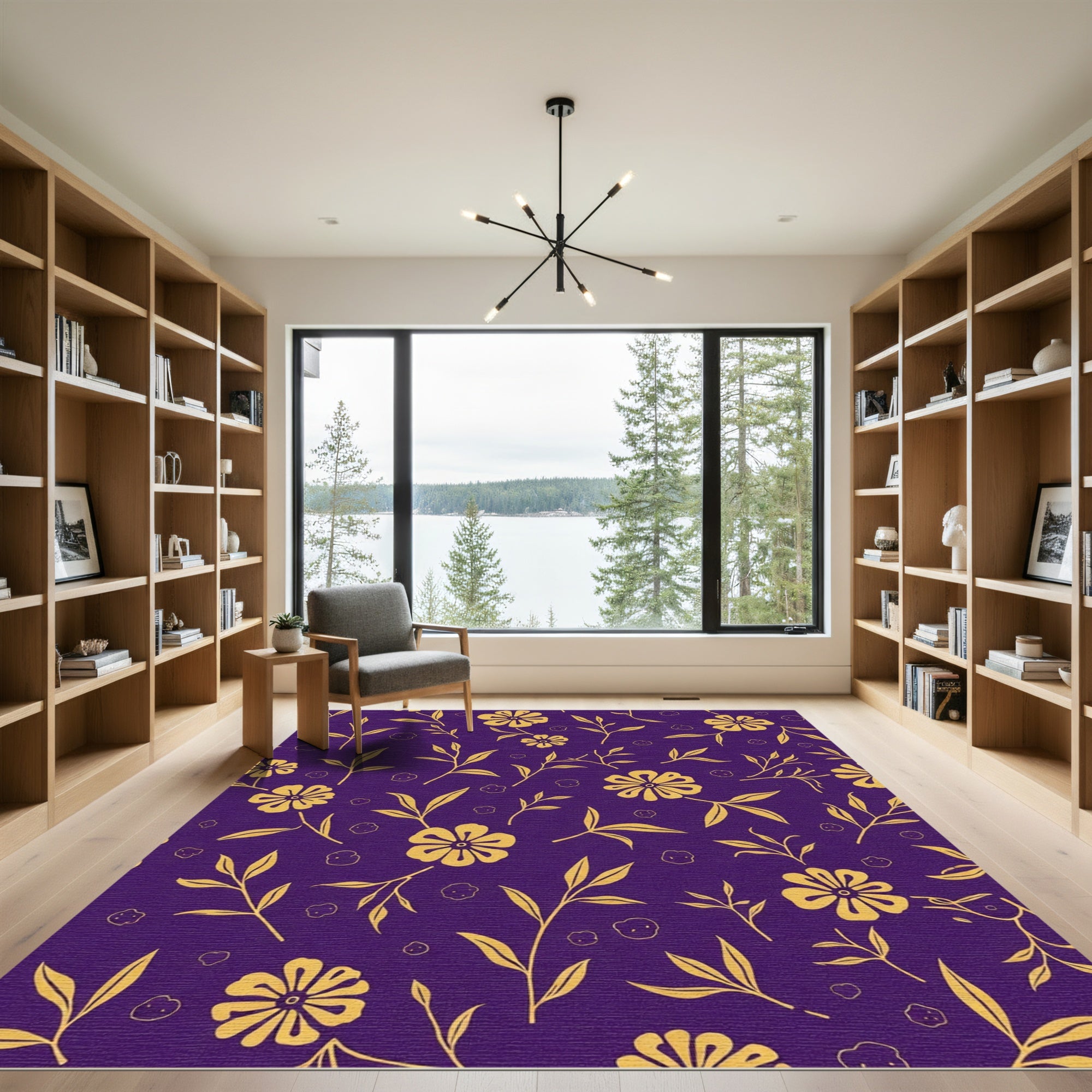 Golden Floral Branches on Purple Rug