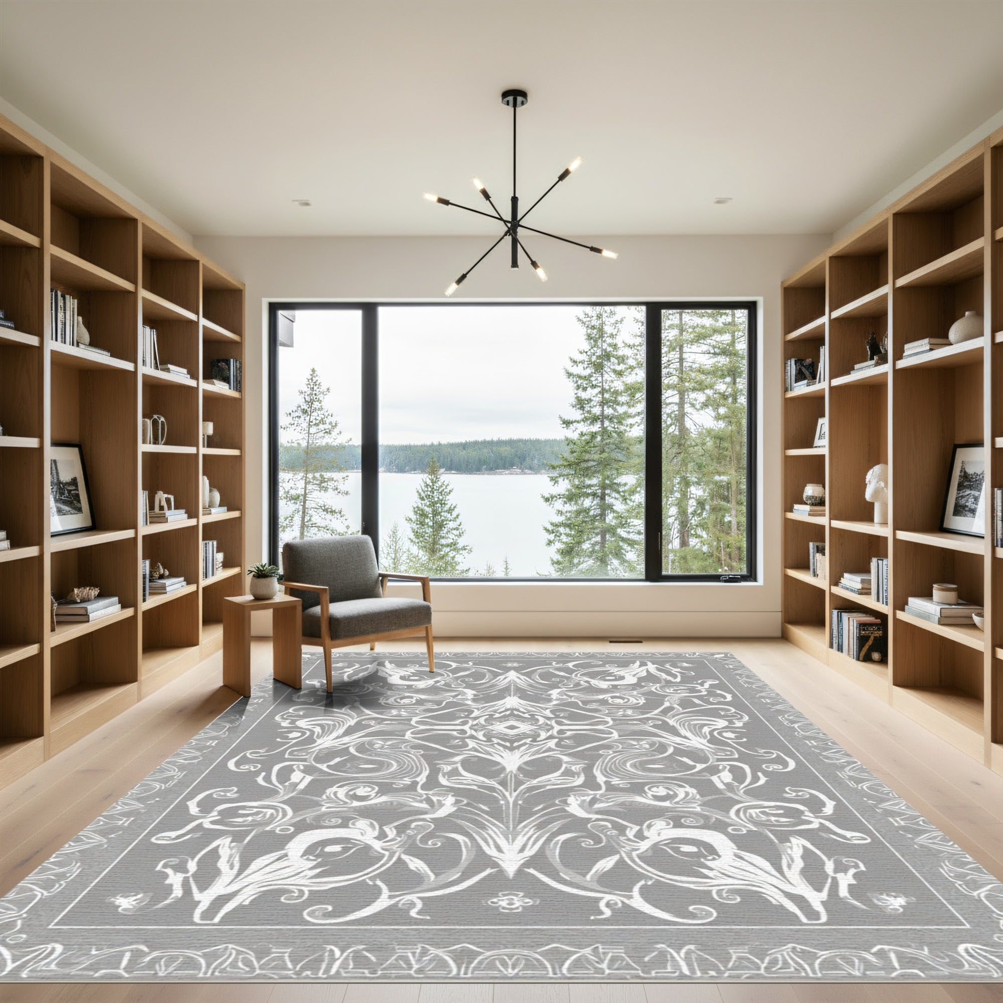 Gray White Abstract Floral Scroll Border Rug