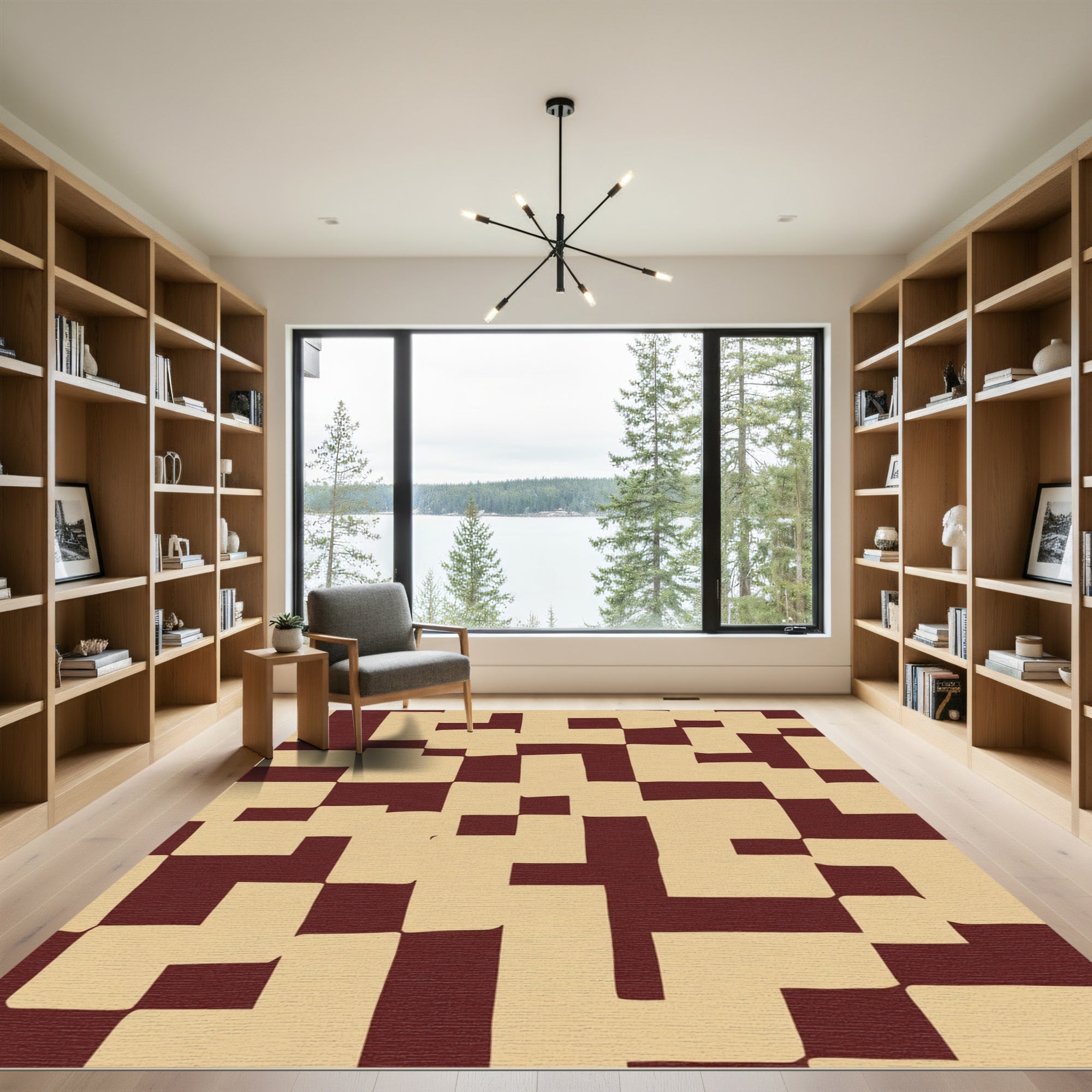 Red Tan Geometric Maze Rug