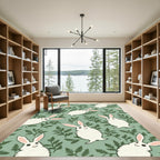 Whimsical White Bunny Foliage Field Rug