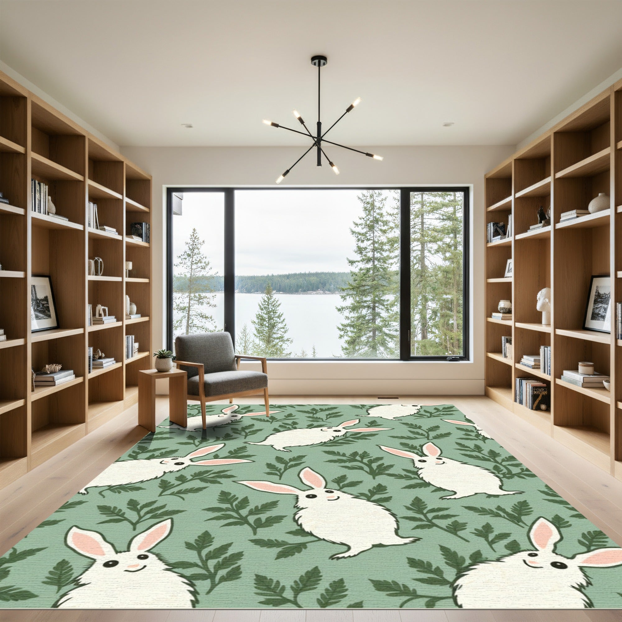 Whimsical White Bunny Foliage Field Rug