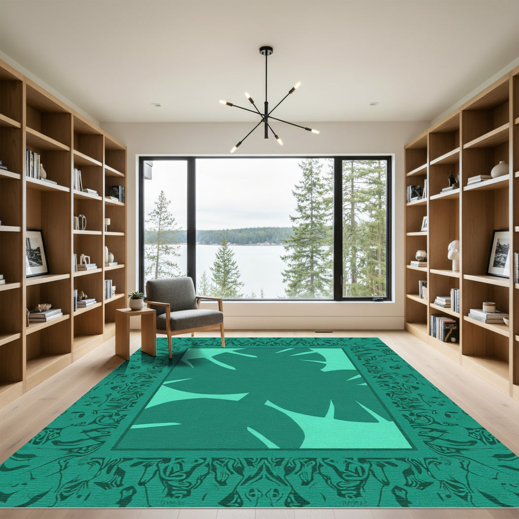 Deep Teal Jungle Leaf Border Rug