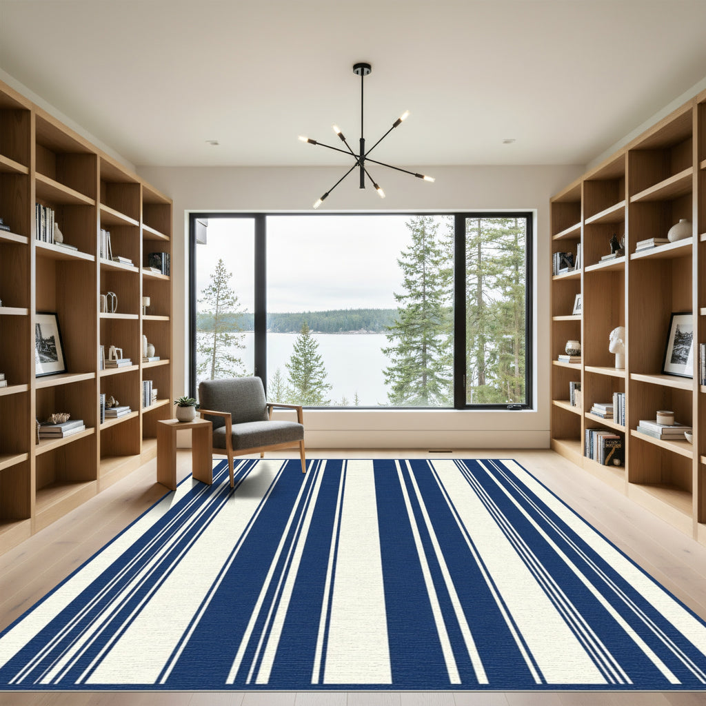 Classic Navy Cream Vertical Stripes Rug