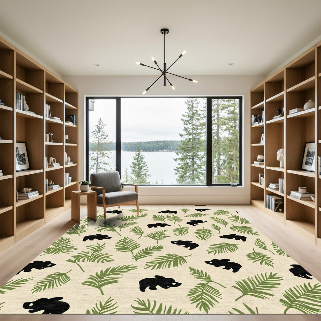 Whimsical Black Bear Leafy Cream Rug