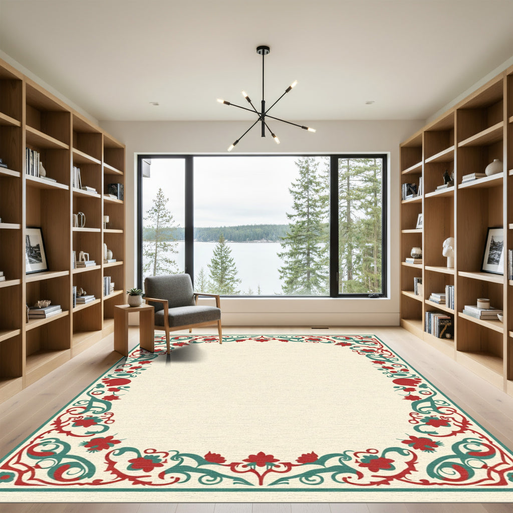Crimson Teal Floral Vines Border Rug