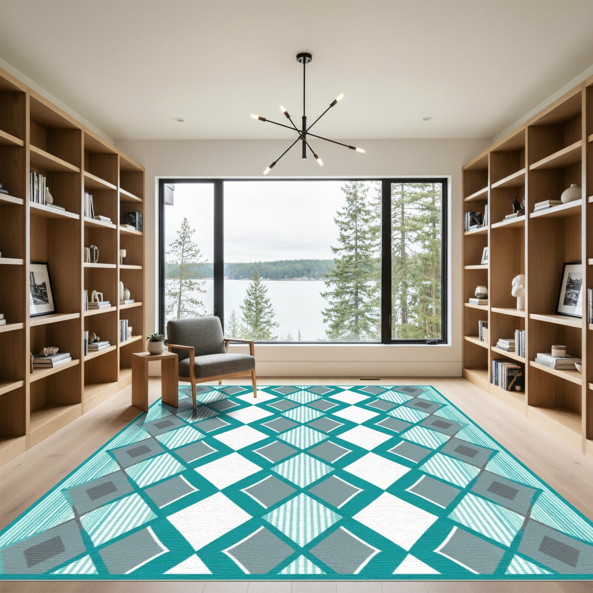Teal Gray Diamond Stripe Geo Rug