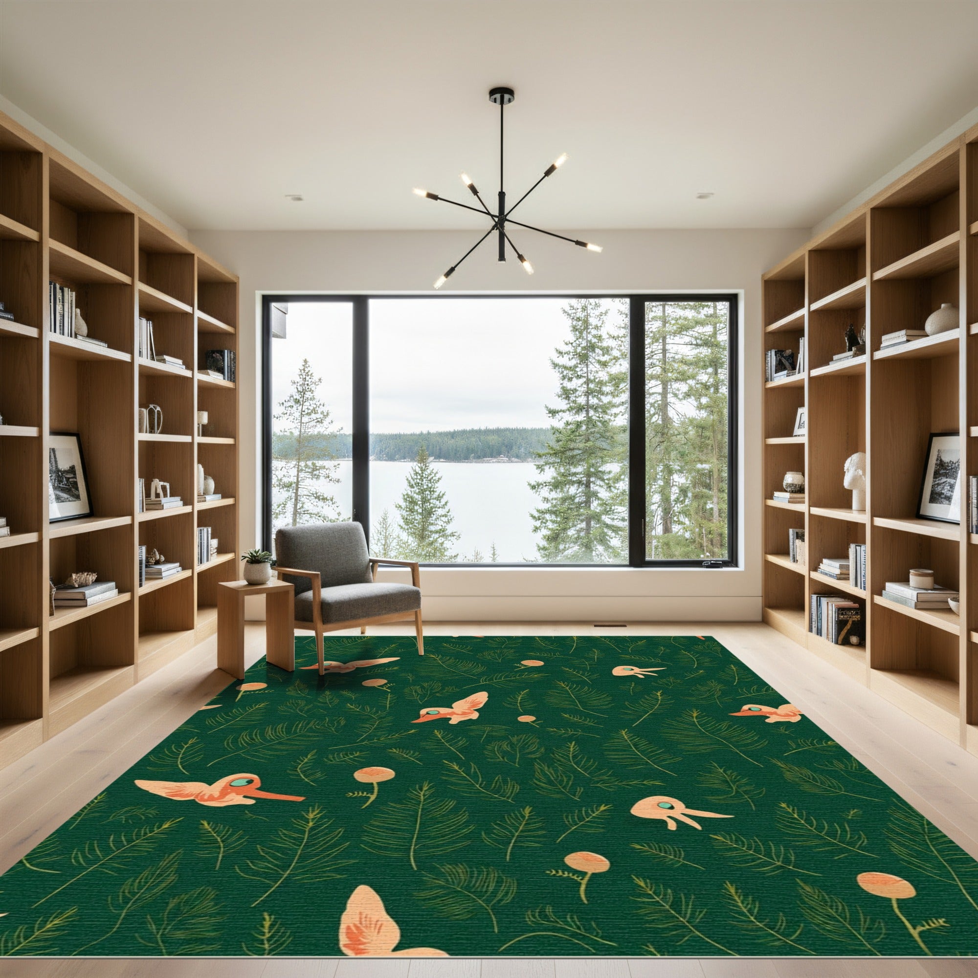 Whimsical Peach Birds Forest Greens Rug