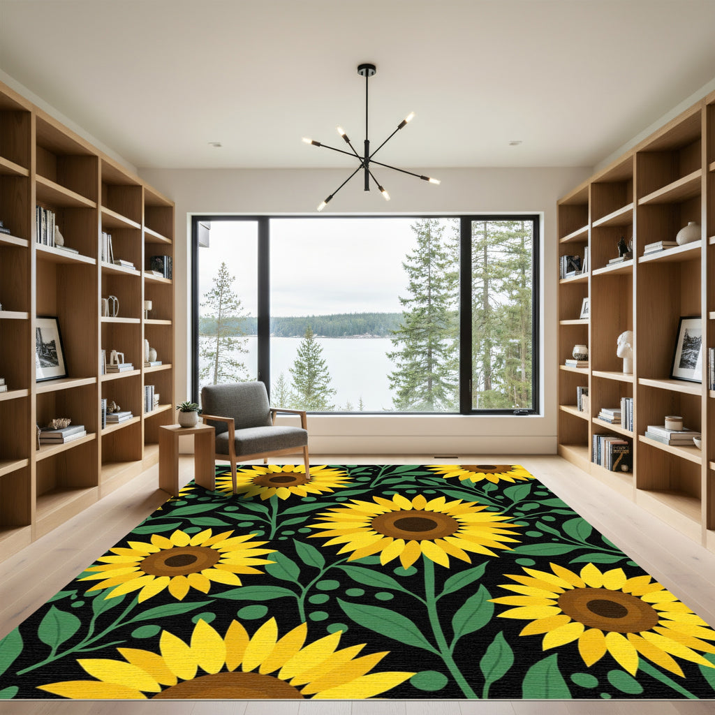 Yellow Sunflower Garden Black Background Rug
