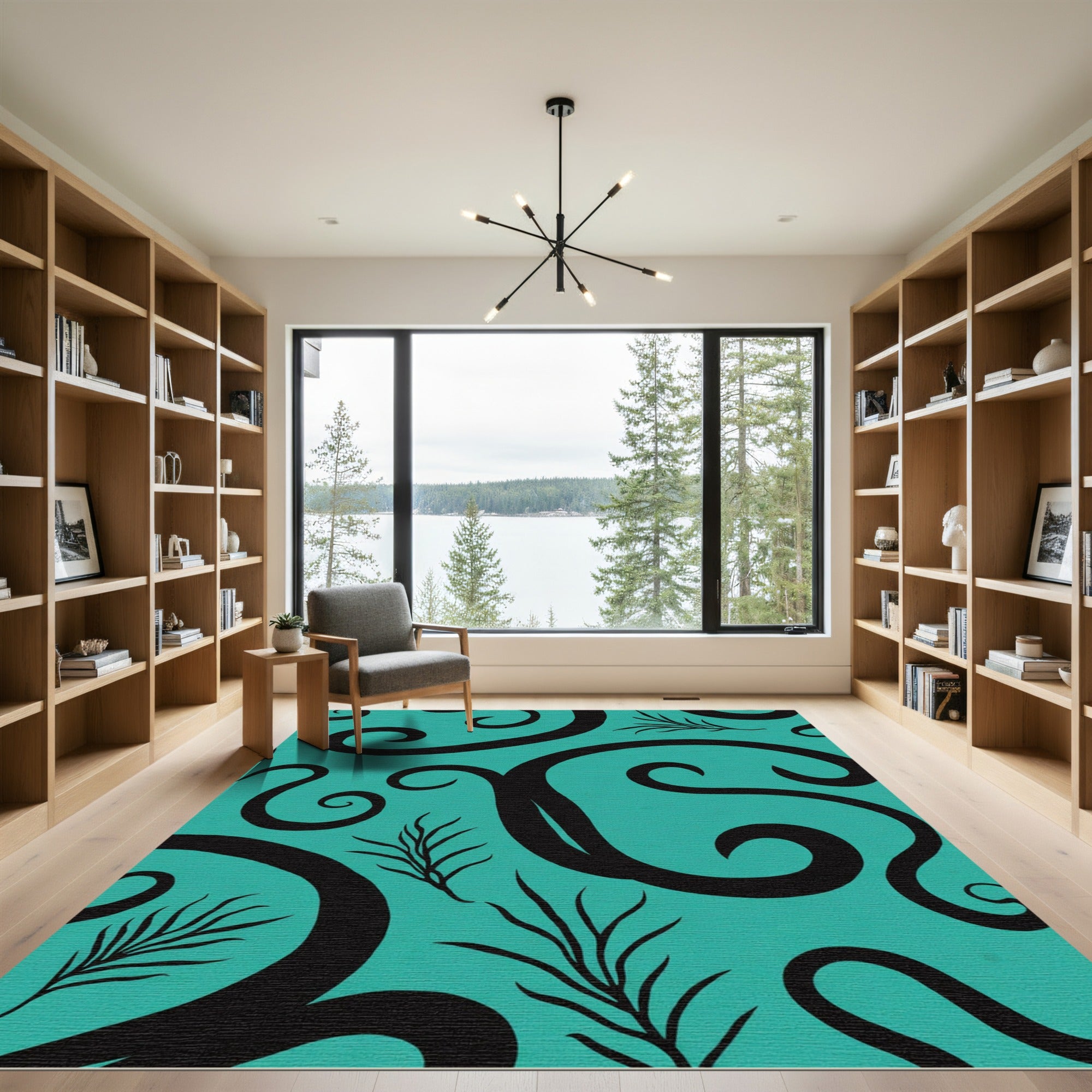 Teal And Black Swirl Leaf Arrangement Rug