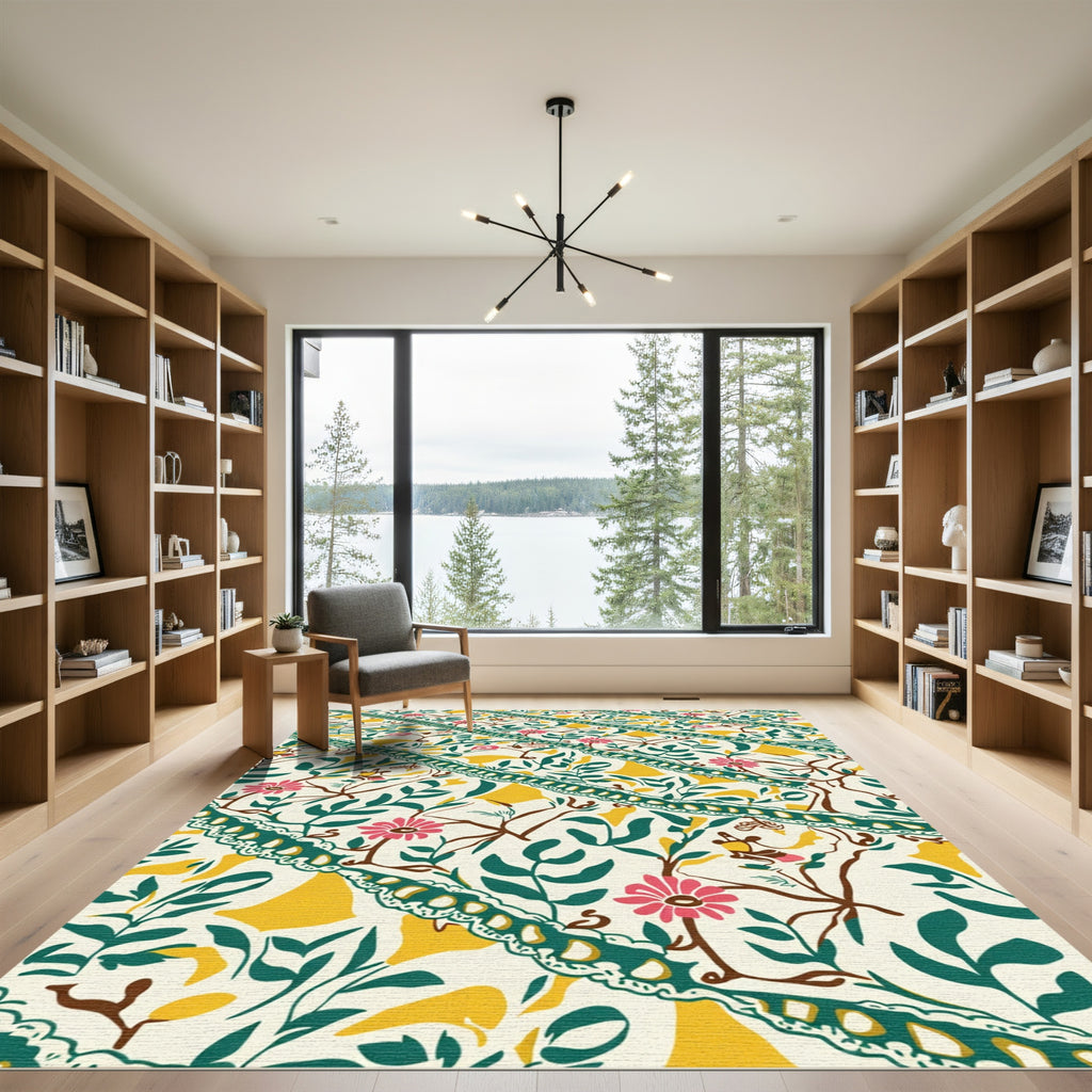 Cream Pink Green Yellow Floral Medallion Rug