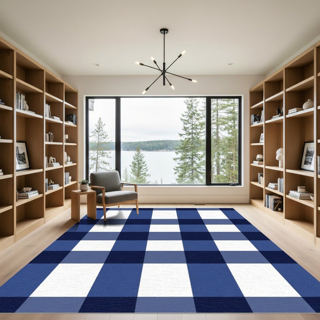 Navy White Gingham Checkered Squares Rug