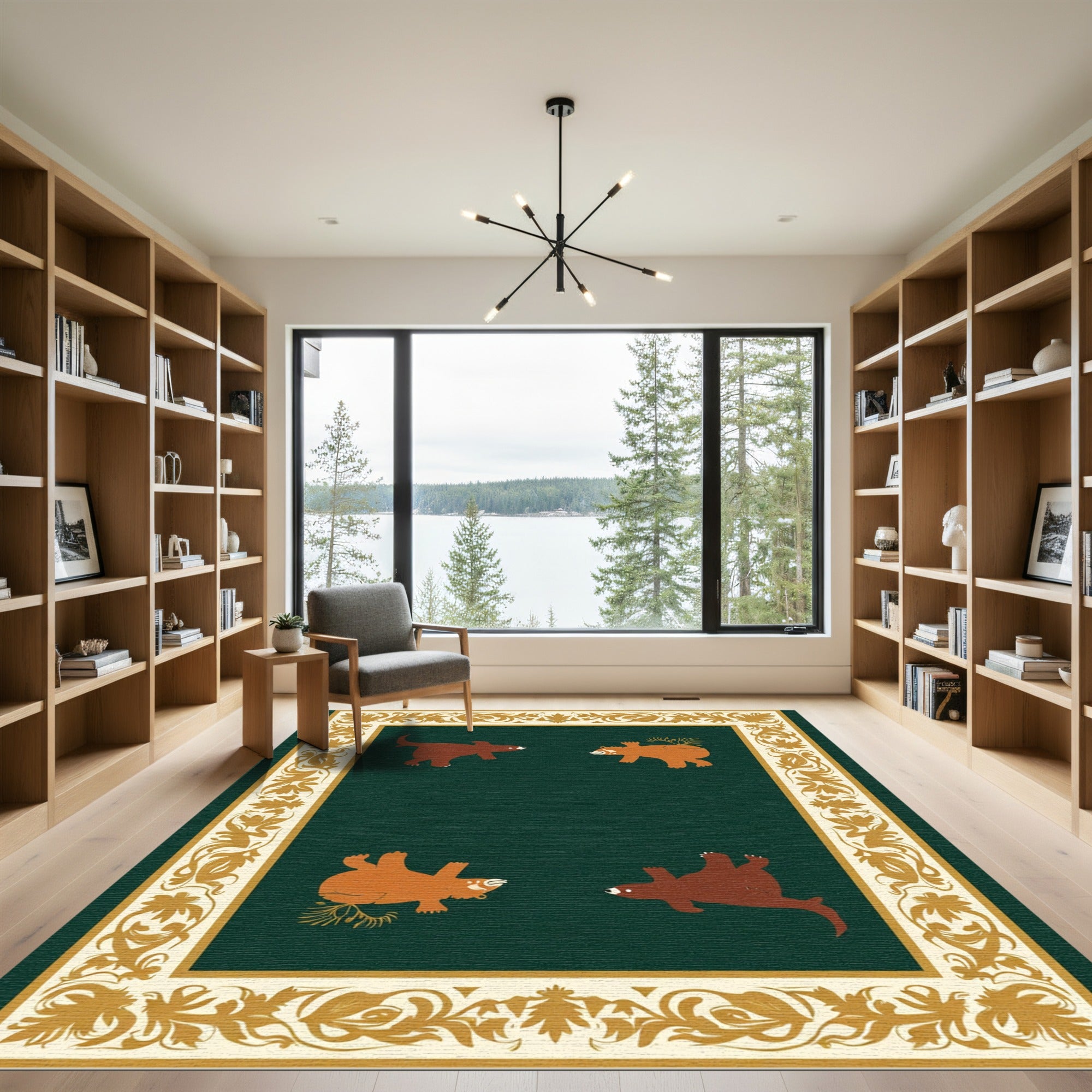 Green Bear Woodland Animal Border Rug