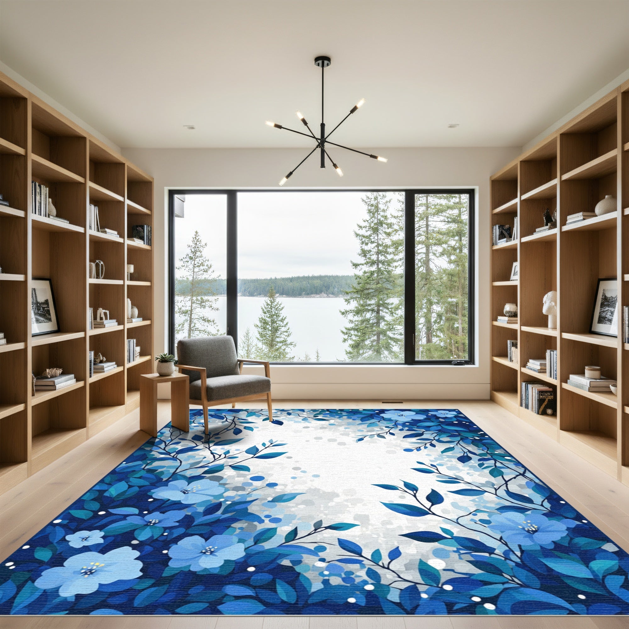 Ocean Blue Floral Branch Art Rug